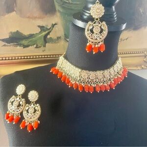 Elegant Gold and Orange Jewelry Set Polki Necklace Set Partywear Choker Set